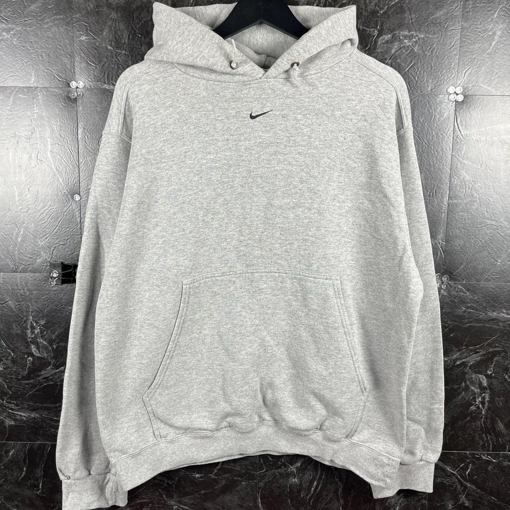 Nike Men's Grey Vtg 90's Silver Center Swoosh Fleece Hoodie Medium